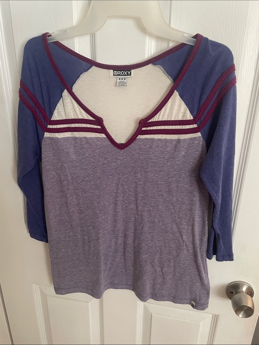 Retro Roxy Women's Purple Raglan V-Neck Top with Cream and Burgundy Accents
